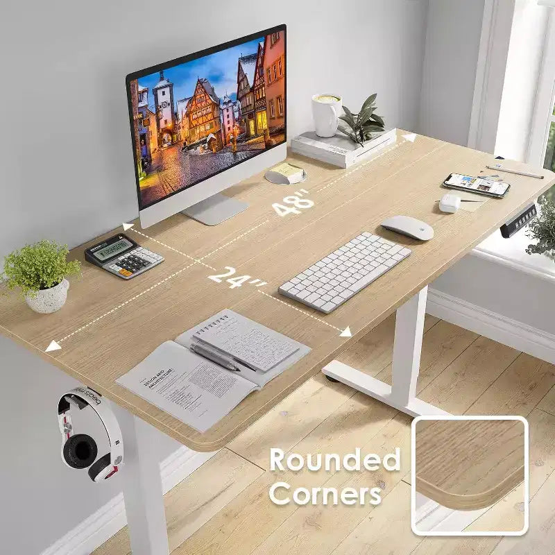 Bureau électrique debout 48 x 24 avec plateau en bois et plateau de jonction, hauteur réglable pour télétravail ou bureau