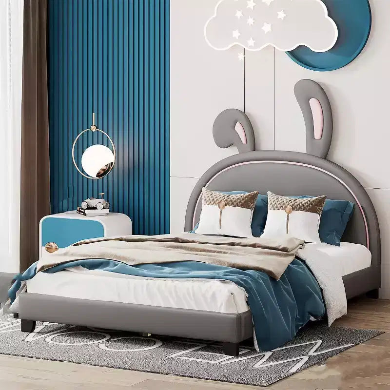 Lit plateforme rembourré pleine grandeur avec tête de lit oreilles d'animaux, ornement de lapin pour enfants, cadre robuste, aucun sommier requis, gris