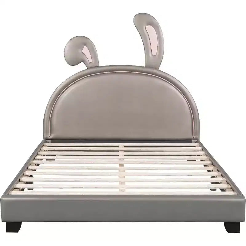 Lit plateforme rembourré pleine grandeur avec tête de lit oreilles d'animaux, ornement de lapin pour enfants, cadre robuste, aucun sommier requis, gris