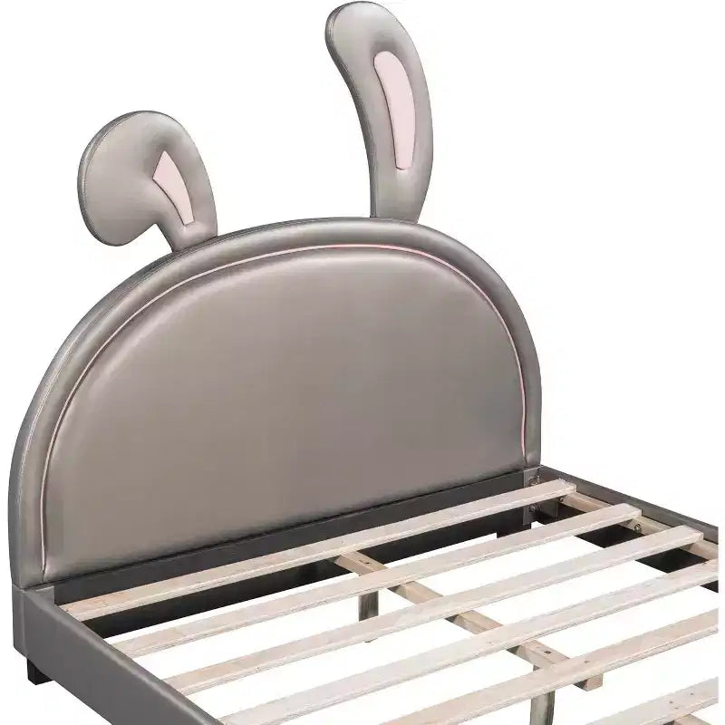 Lit plateforme rembourré pleine grandeur avec tête de lit oreilles d'animaux, ornement de lapin pour enfants, cadre robuste, aucun sommier requis, gris