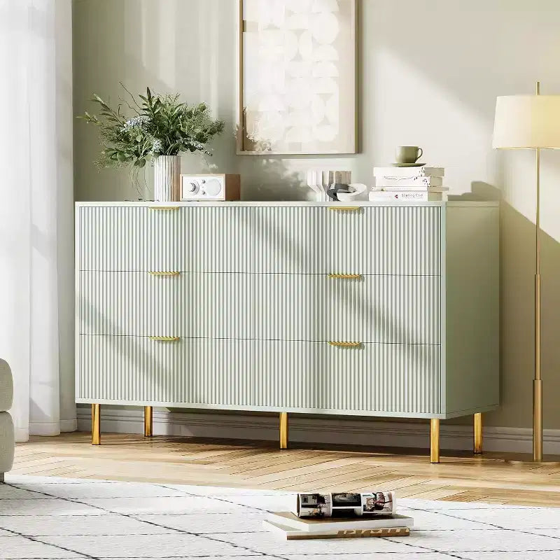 Commode, Commode moderne à 6 tiroirs pour chambre à coucher avec poignée dorée et grand tiroir, commode double en bois et organisateur de rangement pour salon