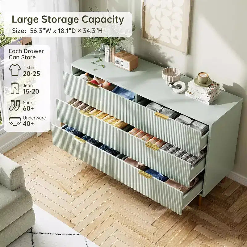 Commode, Commode moderne à 6 tiroirs pour chambre à coucher avec poignée dorée et grand tiroir, commode double en bois et organisateur de rangement pour salon