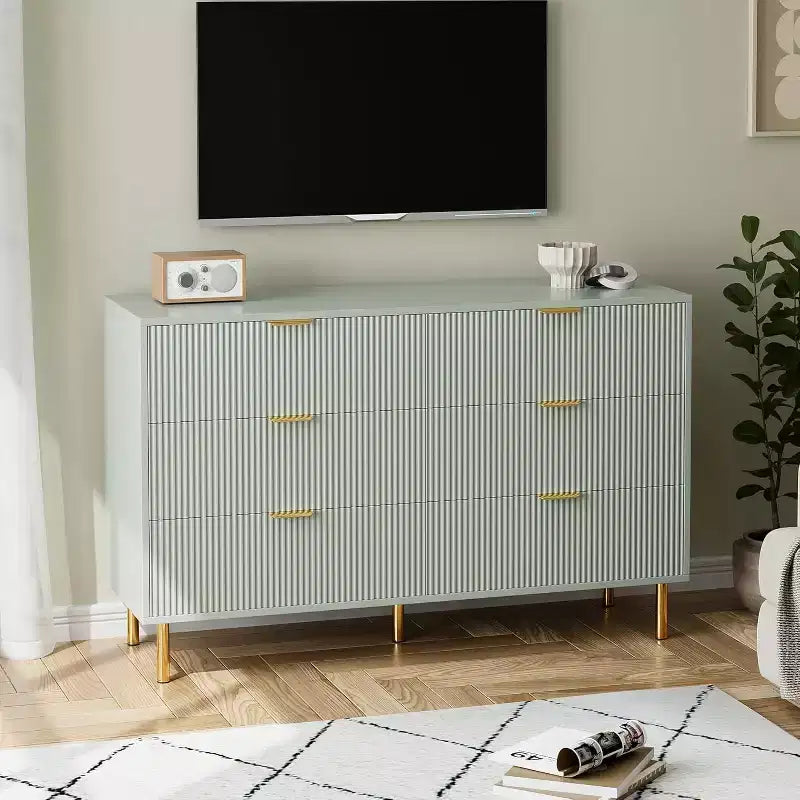 Commode, Commode moderne à 6 tiroirs pour chambre à coucher avec poignée dorée et grand tiroir, commode double en bois et organisateur de rangement pour salon
