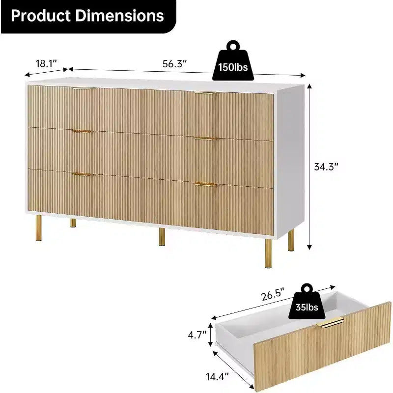 Commode, Commode moderne à 6 tiroirs pour chambre à coucher avec poignée dorée et grand tiroir, commode double en bois et organisateur de rangement pour salon