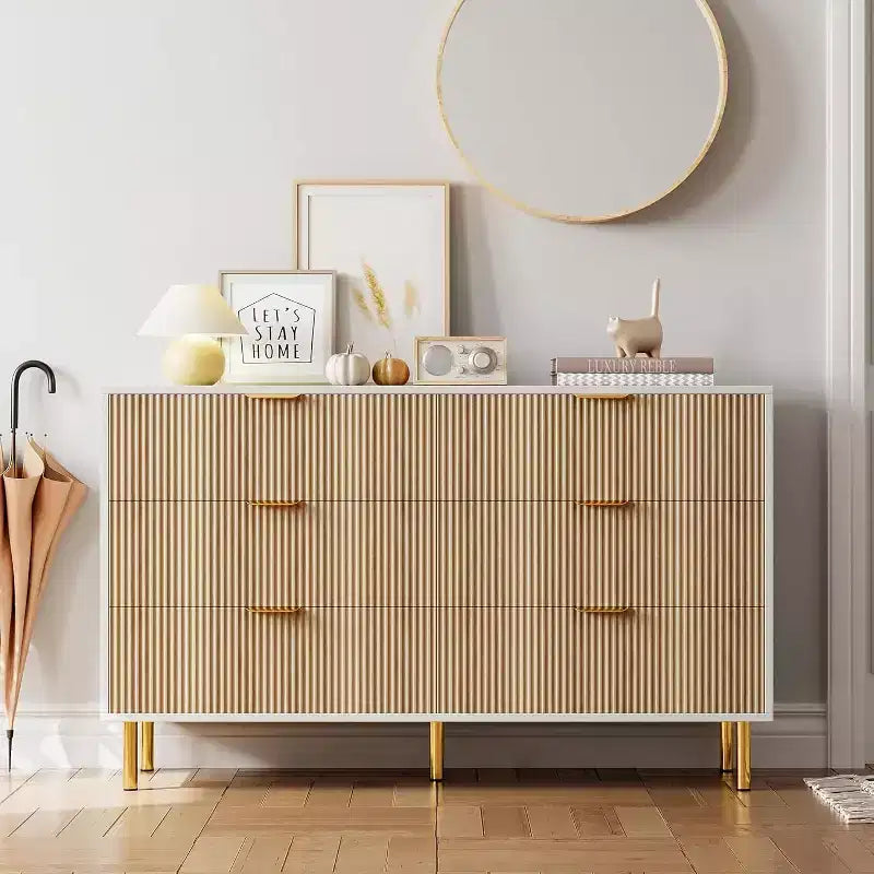 Commode, Commode moderne à 6 tiroirs pour chambre à coucher avec poignée dorée et grand tiroir, commode double en bois et organisateur de rangement pour salon