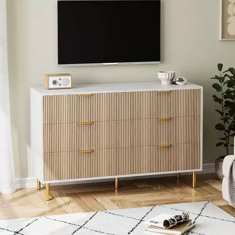 Commode, Commode moderne à 6 tiroirs pour chambre à coucher avec poignée dorée et grand tiroir, commode double en bois et organisateur de rangement pour salon