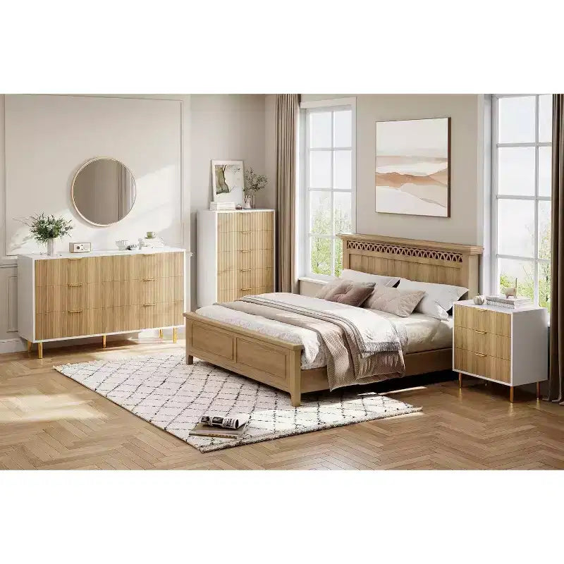 Commode, Commode moderne à 6 tiroirs pour chambre à coucher avec poignée dorée et grand tiroir, commode double en bois et organisateur de rangement pour salon