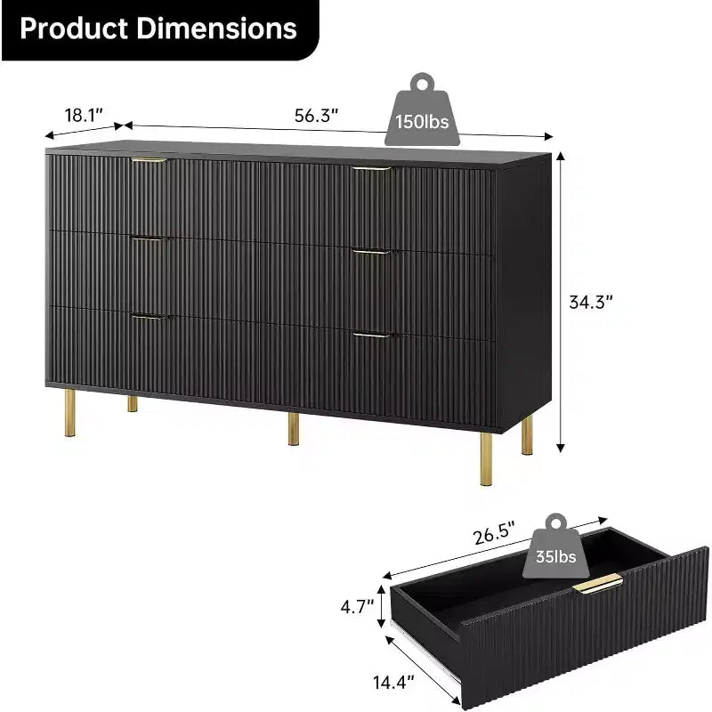 Commode, Commode moderne à 6 tiroirs pour chambre à coucher avec poignée dorée et grand tiroir, commode double en bois et organisateur de rangement pour salon