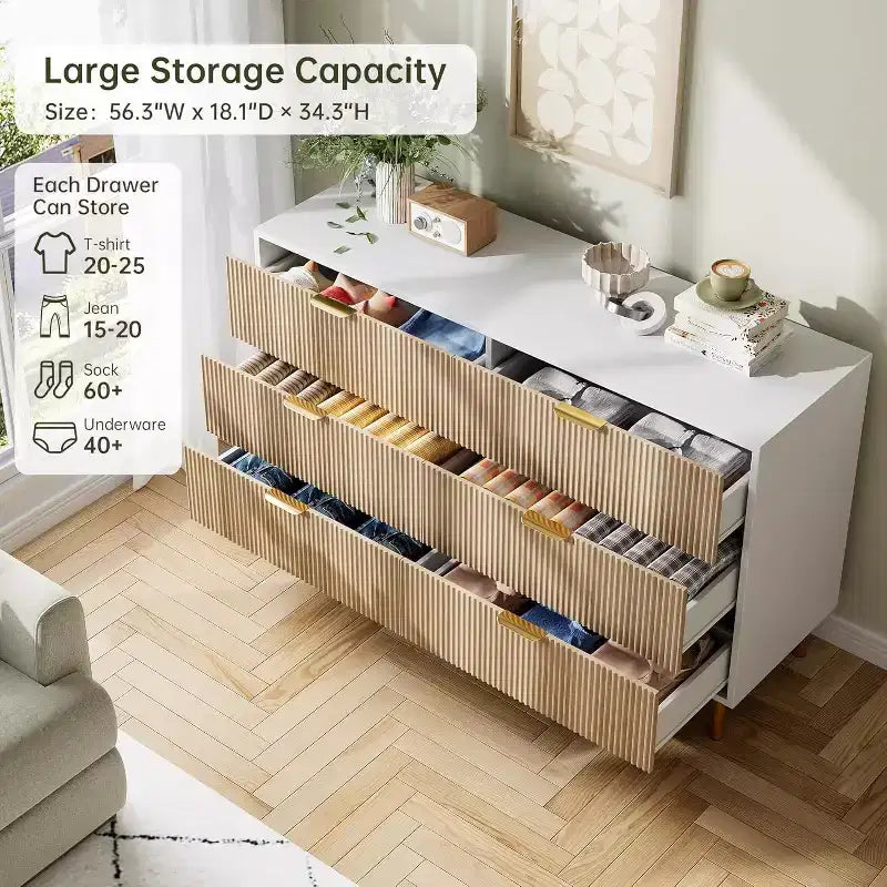 Commode, Commode moderne à 6 tiroirs pour chambre à coucher avec poignée dorée et grand tiroir, commode double en bois et organisateur de rangement pour salon