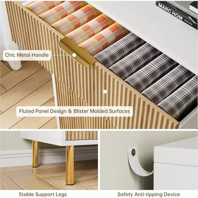 Commode, Commode moderne à 6 tiroirs pour chambre à coucher avec poignée dorée et grand tiroir, commode double en bois et organisateur de rangement pour salon