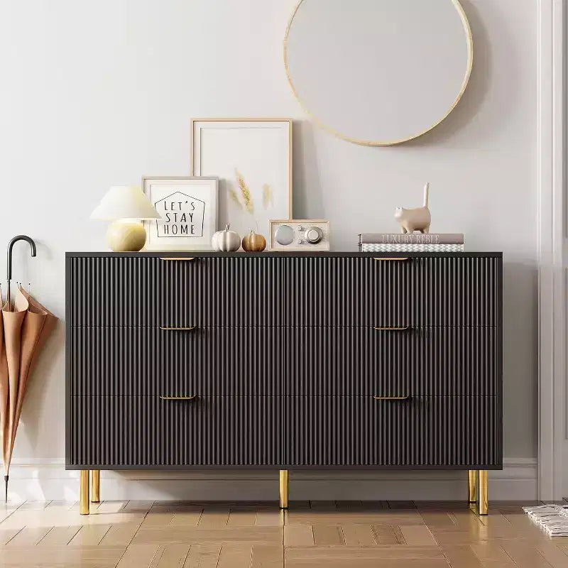 Commode, Commode moderne à 6 tiroirs pour chambre à coucher avec poignée dorée et grand tiroir, commode double en bois et organisateur de rangement pour salon