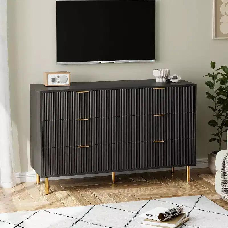 Commode, Commode moderne à 6 tiroirs pour chambre à coucher avec poignée dorée et grand tiroir, commode double en bois et organisateur de rangement pour salon