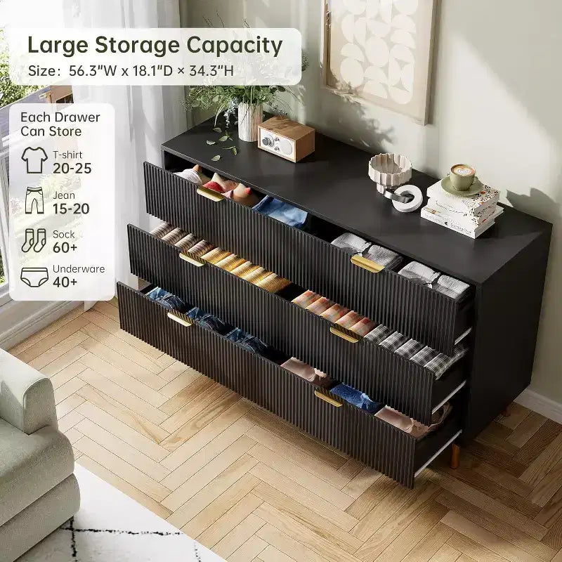 Commode, Commode moderne à 6 tiroirs pour chambre à coucher avec poignée dorée et grand tiroir, commode double en bois et organisateur de rangement pour salon