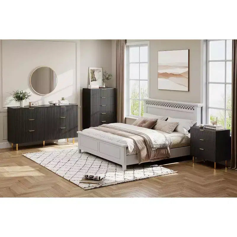 Commode, Commode moderne à 6 tiroirs pour chambre à coucher avec poignée dorée et grand tiroir, commode double en bois et organisateur de rangement pour salon