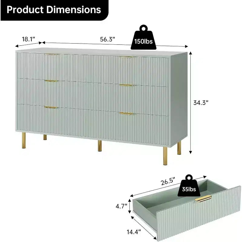 Commode, Commode moderne à 6 tiroirs pour chambre à coucher avec poignée dorée et grand tiroir, commode double en bois et organisateur de rangement pour salon