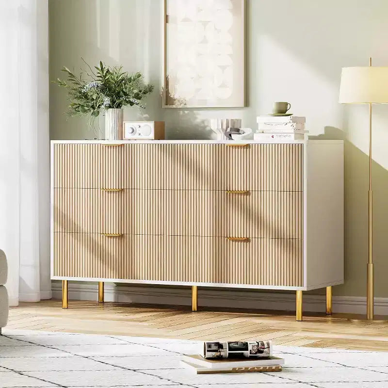 Commode, Commode moderne à 6 tiroirs pour chambre à coucher avec poignée dorée et grand tiroir, commode double en bois et organisateur de rangement pour salon