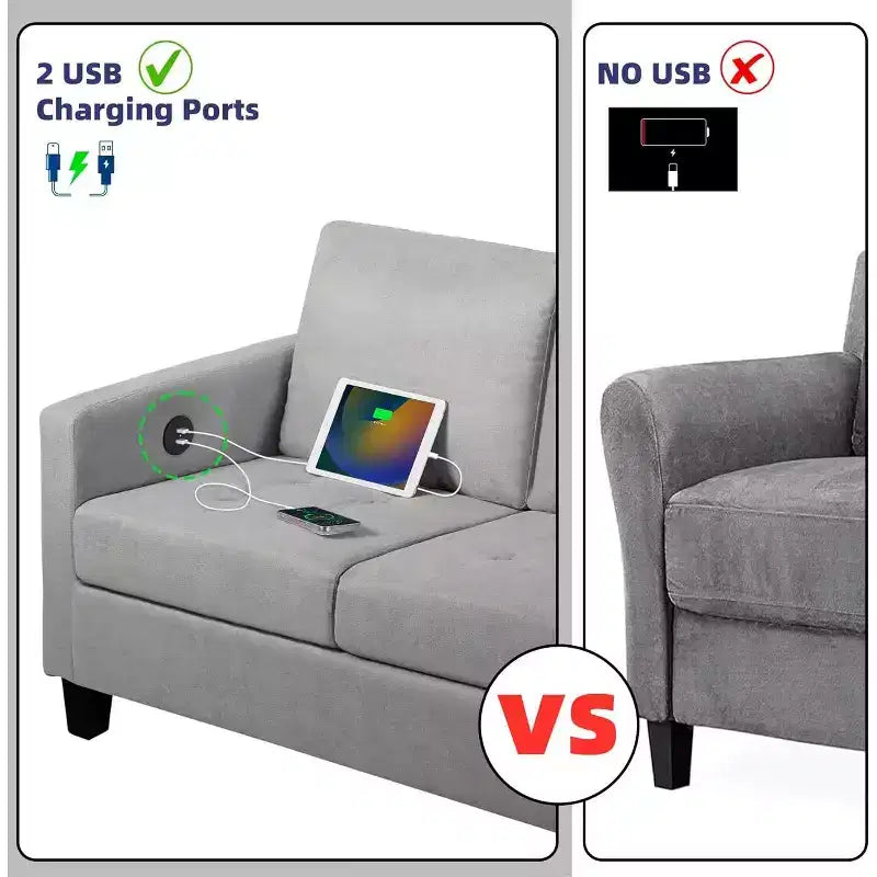Canapé 3 places de 72 po avec ports USB, canapé gris moderne du milieu du siècle pour salon, chambre et appartement – Confortable et peu encombrant