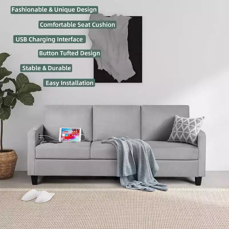 Canapé 3 places de 72 po avec ports USB, canapé gris moderne du milieu du siècle pour salon, chambre et appartement – Confortable et peu encombrant
