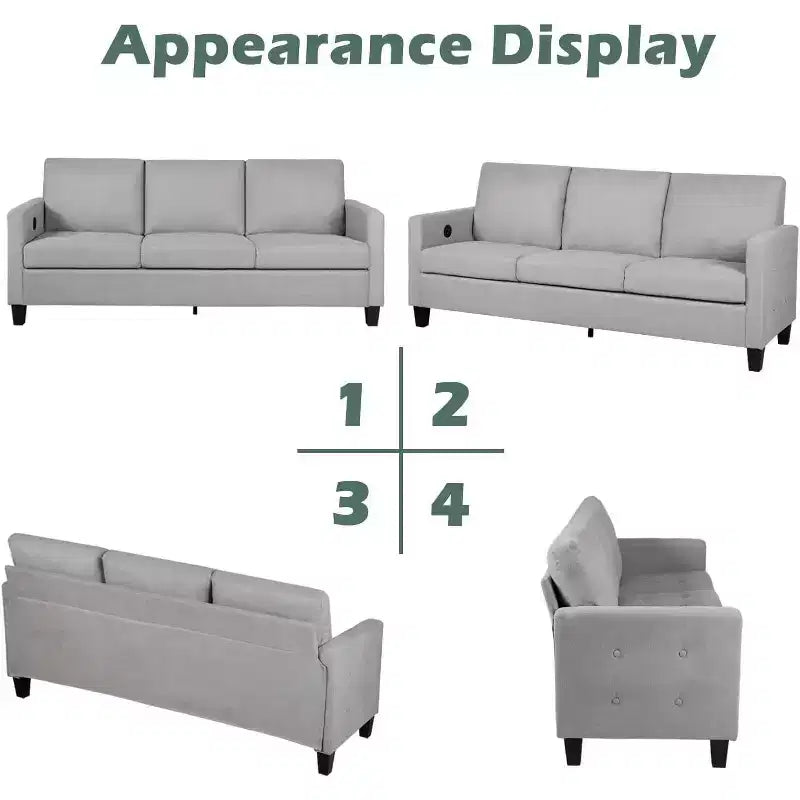 Canapé 3 places de 72 po avec ports USB, canapé gris moderne du milieu du siècle pour salon, chambre et appartement – Confortable et peu encombrant