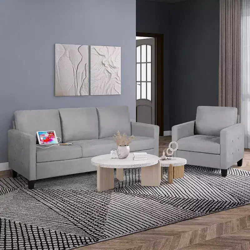 Canapé 3 places de 72 po avec ports USB, canapé gris moderne du milieu du siècle pour salon, chambre et appartement – Confortable et peu encombrant