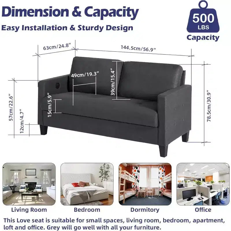 Canapé 3 places de 72 po avec ports USB, canapé gris moderne du milieu du siècle pour salon, chambre et appartement – Confortable et peu encombrant