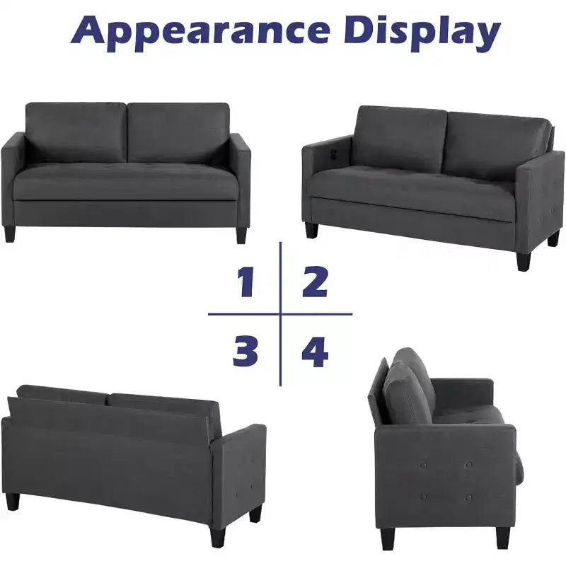 Canapé 3 places de 72 po avec ports USB, canapé gris moderne du milieu du siècle pour salon, chambre et appartement – Confortable et peu encombrant