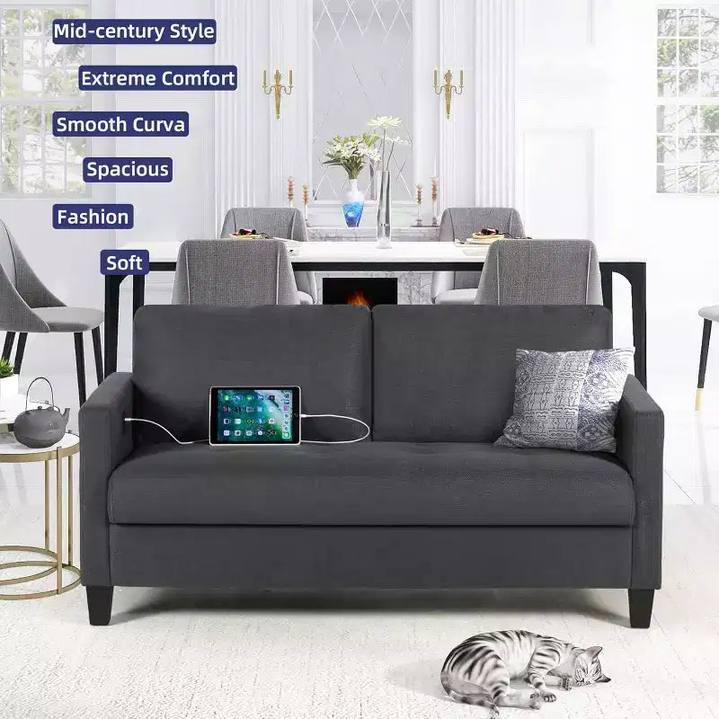 Canapé 3 places de 72 po avec ports USB, canapé gris moderne du milieu du siècle pour salon, chambre et appartement – Confortable et peu encombrant
