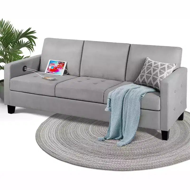 Canapé 3 places de 72 po avec ports USB, canapé gris moderne du milieu du siècle pour salon, chambre et appartement – Confortable et peu encombrant