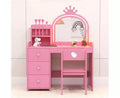 Coiffeuse pour enfants avec miroir et lumières, coiffeuse princesse en bois avec chaise, étagères de rangement et tiroirs, table de toilette 2-en-1 pour filles