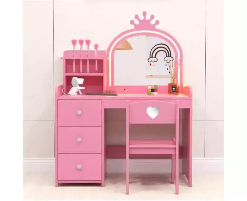 Coiffeuse pour enfants avec miroir et lumières, coiffeuse princesse en bois avec chaise, étagères de rangement et tiroirs, table de toilette 2-en-1 pour filles