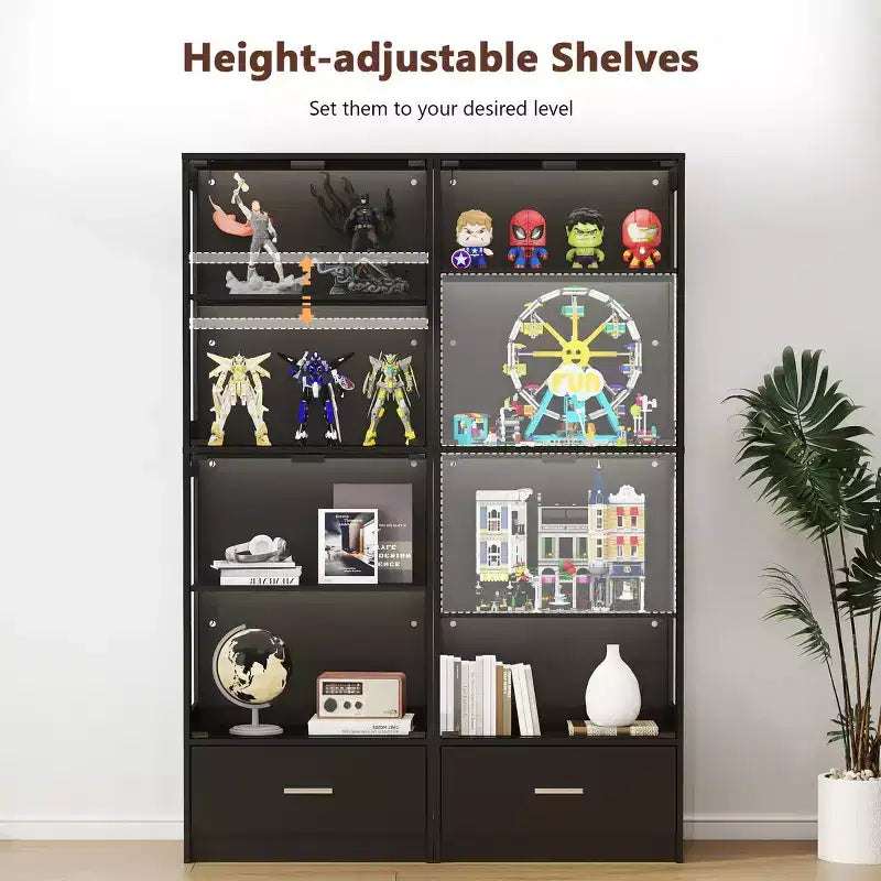 Vitrine en verre à 5 niveaux avec lumières LED et étagères réglables et 1 tiroir, meuble de curiosités pour la maison et le bureau