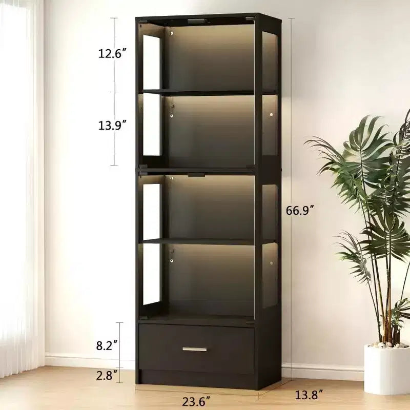 Vitrine en verre à 5 niveaux avec lumières LED et étagères réglables et 1 tiroir, meuble de curiosités pour la maison et le bureau