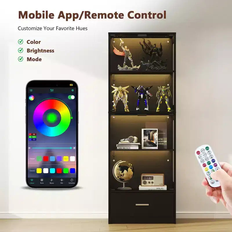 Vitrine en verre à 5 niveaux avec lumières LED et étagères réglables et 1 tiroir, meuble de curiosités pour la maison et le bureau