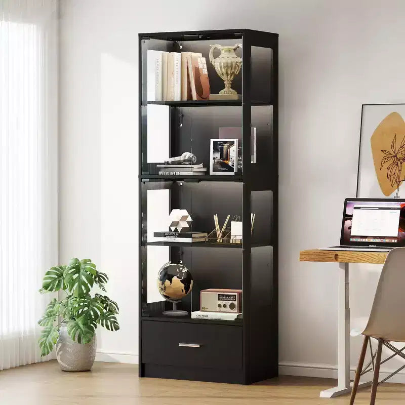Vitrine en verre à 5 niveaux avec lumières LED et étagères réglables et 1 tiroir, meuble de curiosités pour la maison et le bureau