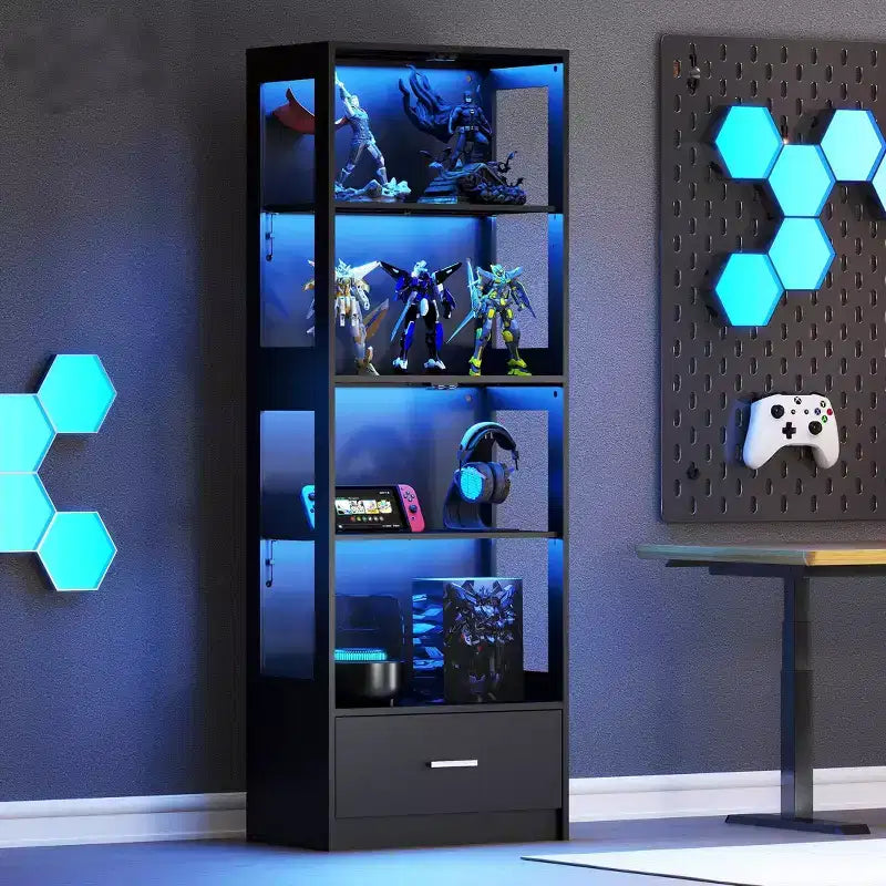 Vitrine en verre à 5 niveaux avec lumières LED et étagères réglables et 1 tiroir, meuble de curiosités pour la maison et le bureau