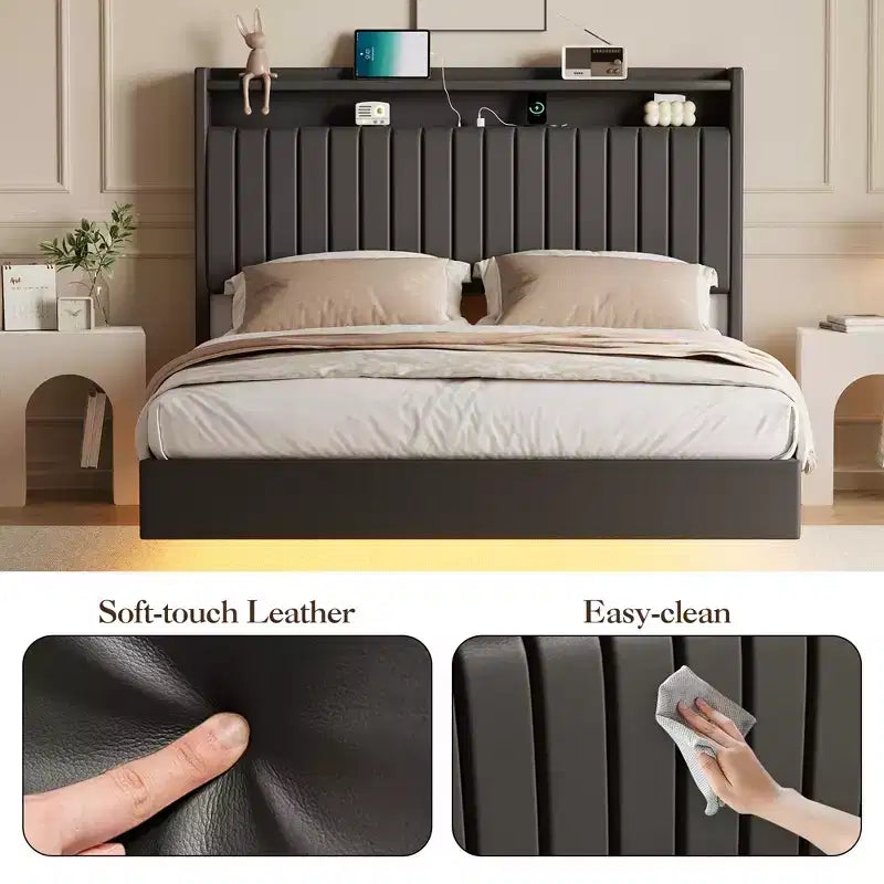 Cadre de lit flottant Queen/Full avec lumières LED et station de charge, cadre de lit plateforme en cuir rembourré avec tête de lit, noir, blanc
