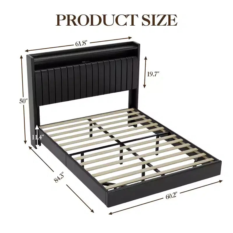 Cadre de lit flottant Queen/Full avec lumières LED et station de charge, cadre de lit plateforme en cuir rembourré avec tête de lit, noir, blanc