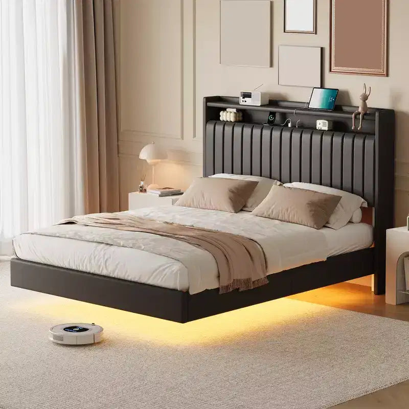 Cadre de lit flottant Queen/Full avec lumières LED et station de charge, cadre de lit plateforme en cuir rembourré avec tête de lit, noir, blanc