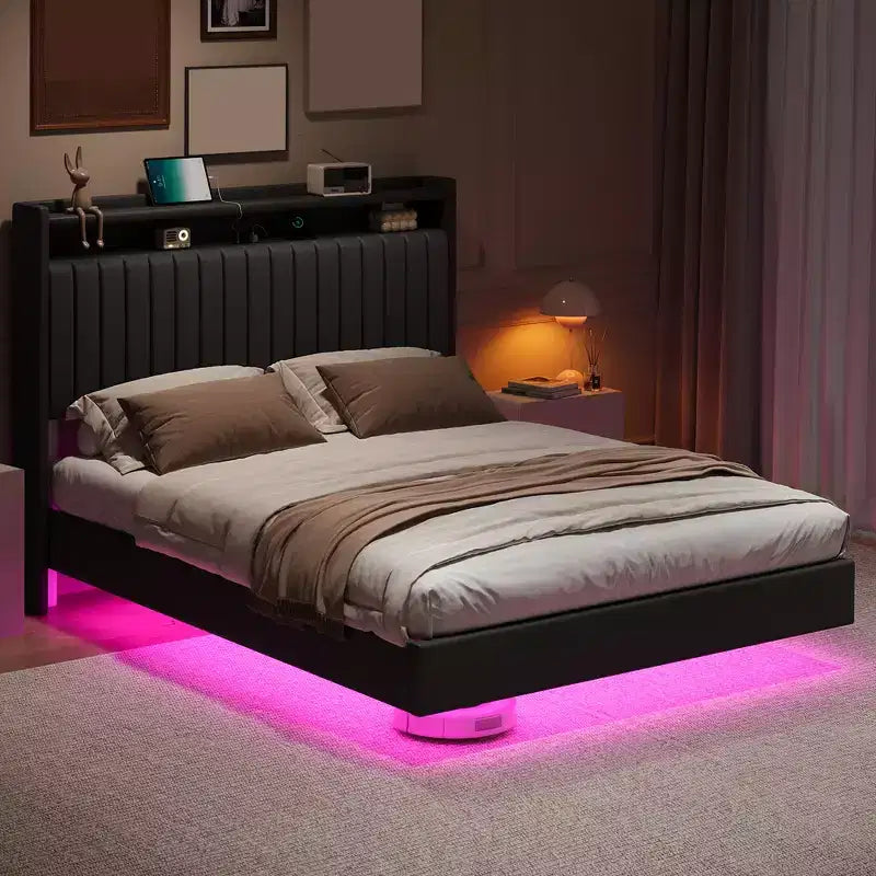 Cadre de lit flottant Queen/Full avec lumières LED et station de charge, cadre de lit plateforme en cuir rembourré avec tête de lit, noir, blanc