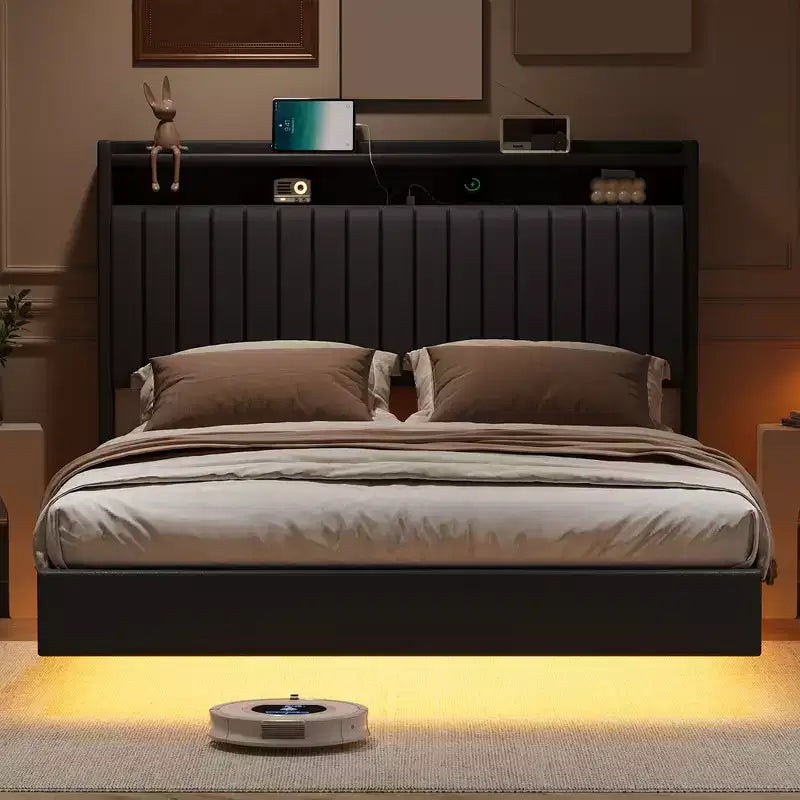 Cadre de lit flottant Queen/Full avec lumières LED et station de charge, cadre de lit plateforme en cuir rembourré avec tête de lit, noir, blanc
