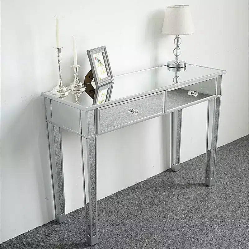 Bureau d'ordinateur moderne à deux tiroirs au fini miroir argenté