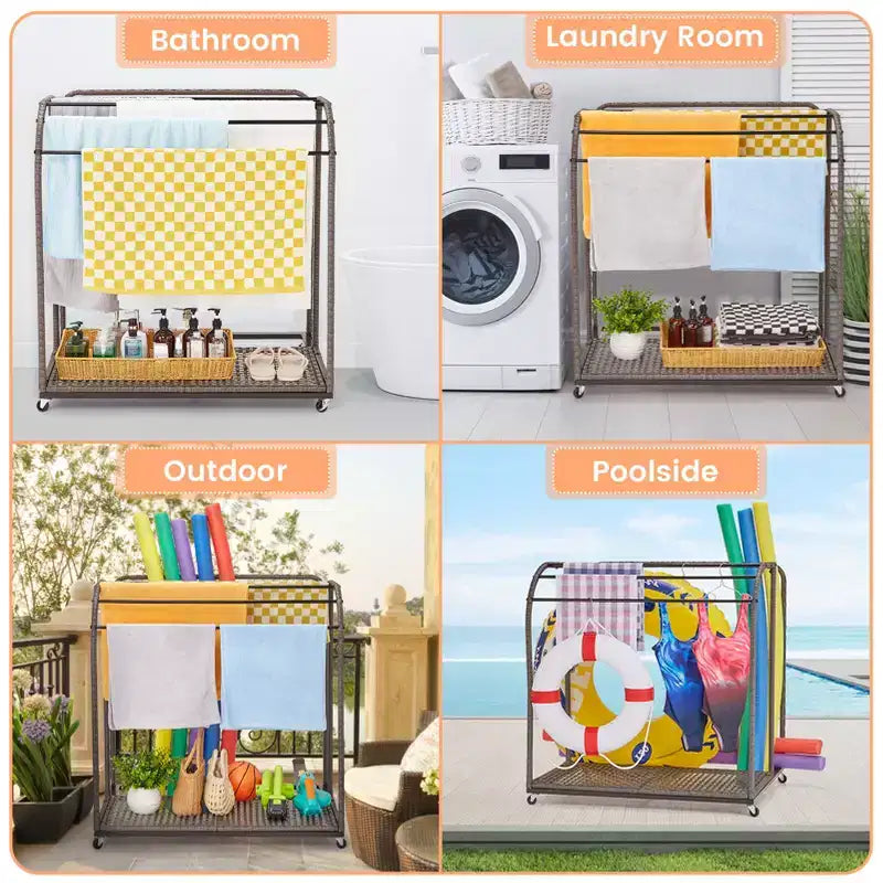 Porte-serviettes de piscine extérieur, porte-serviettes autoportant, porte-serviettes de piscine à 5 barres avec base en rotin, porte-serviettes d'extérieur en rotin tressé, organiseur de rangement