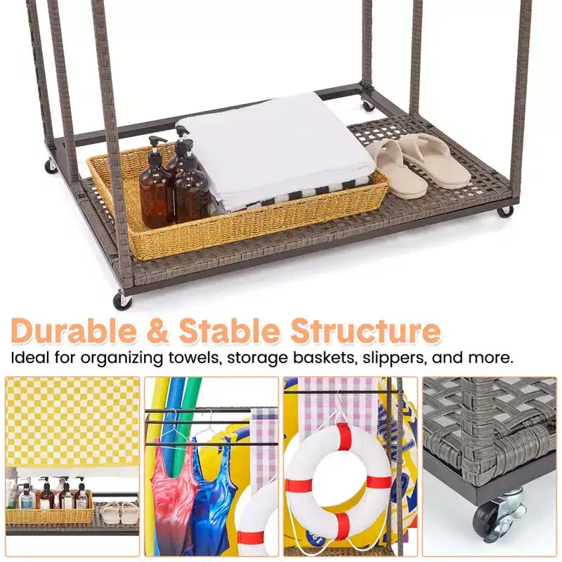 Porte-serviettes de piscine extérieur, porte-serviettes autoportant, porte-serviettes de piscine à 5 barres avec base en rotin, porte-serviettes d'extérieur en rotin tressé, organiseur de rangement