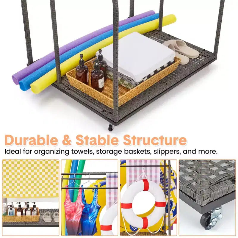 Porte-serviettes de piscine extérieur, porte-serviettes autoportant, porte-serviettes de piscine à 5 barres avec base en rotin, porte-serviettes d'extérieur en rotin tressé, organiseur de rangement