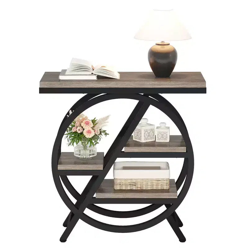 25.59 Table d'appoint grise moderne avec cadre en métal géométrique et 3 étagères de rangement