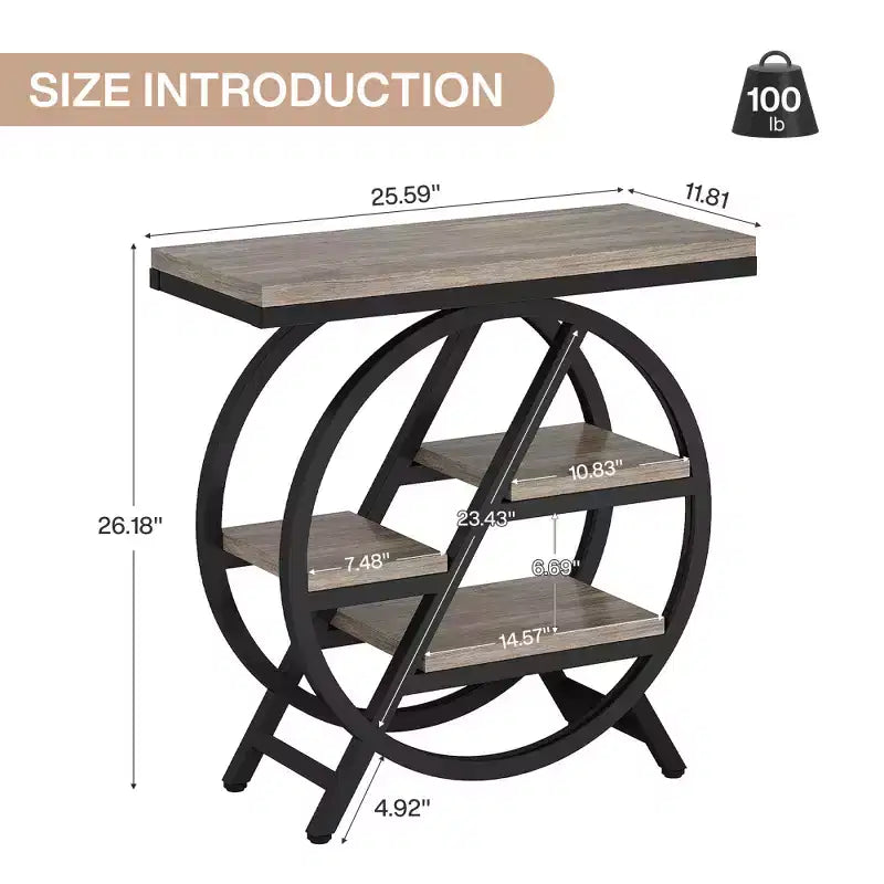 25.59 Table d'appoint grise moderne avec cadre en métal géométrique et 3 étagères de rangement