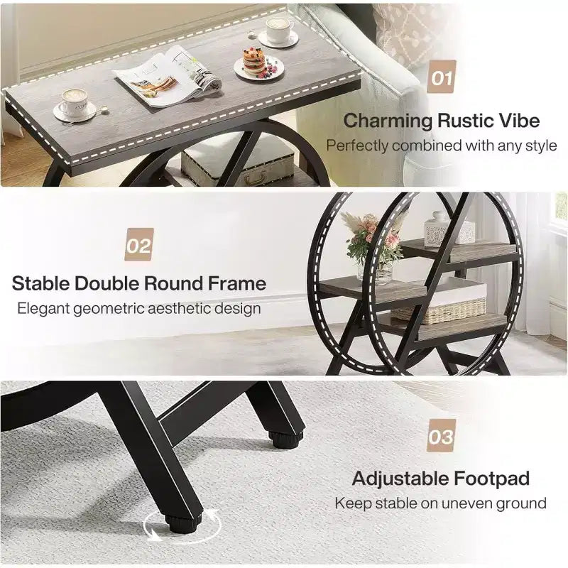 25.59 Table d'appoint grise moderne avec cadre en métal géométrique et 3 étagères de rangement