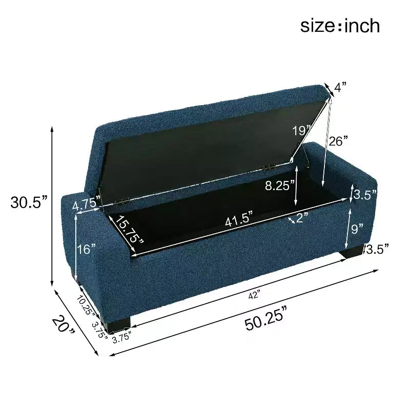 50 Pouf ottoman en bouclé texturé, design rectangulaire avec couvercle à charnière pour assise de rangement dissimulé pour le salon