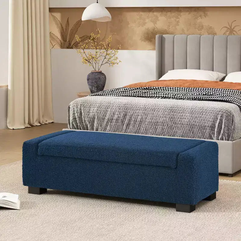 50 Pouf ottoman en bouclé texturé, design rectangulaire avec couvercle à charnière pour assise de rangement dissimulé pour le salon