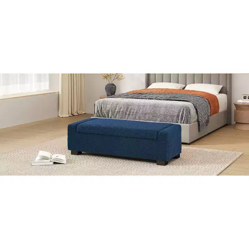 50 Pouf ottoman en bouclé texturé, design rectangulaire avec couvercle à charnière pour assise de rangement dissimulé pour le salon